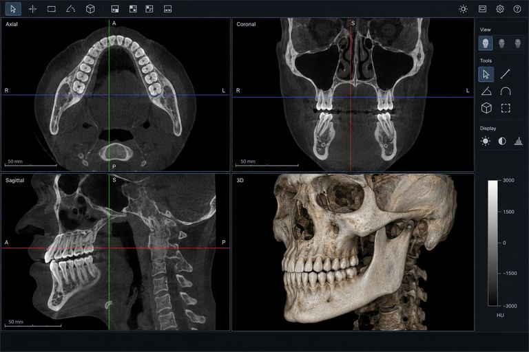 Tomografia de feixe cônico aberta no visualizador, com os cortes axial, coronal e sagital e a reconstrução em 3D