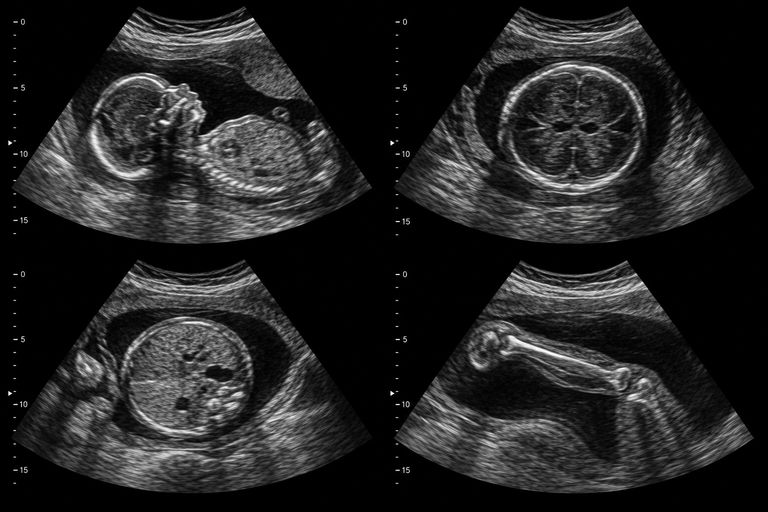 Ultrassonografia obstétrica com o perfil do bebê, a cabeça, o abdome e o fêmur