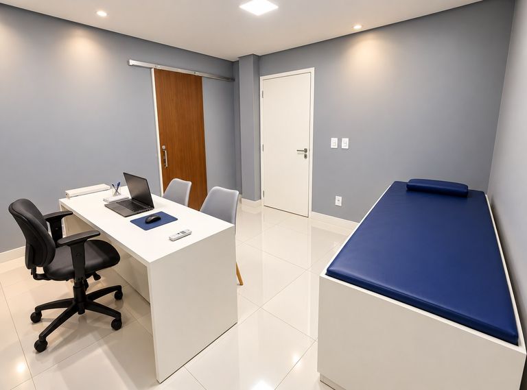 Sala de atendimento com mesa de trabalho, cadeiras e maca estofada